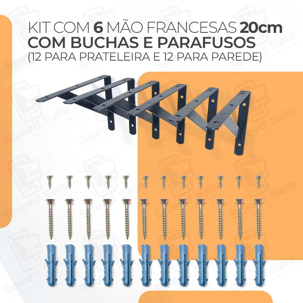 6x Mãos Francesas 20cm Acompanha Kit De Parafuso E Bucha Preta Suporte prateleira industrial preta branca metalico