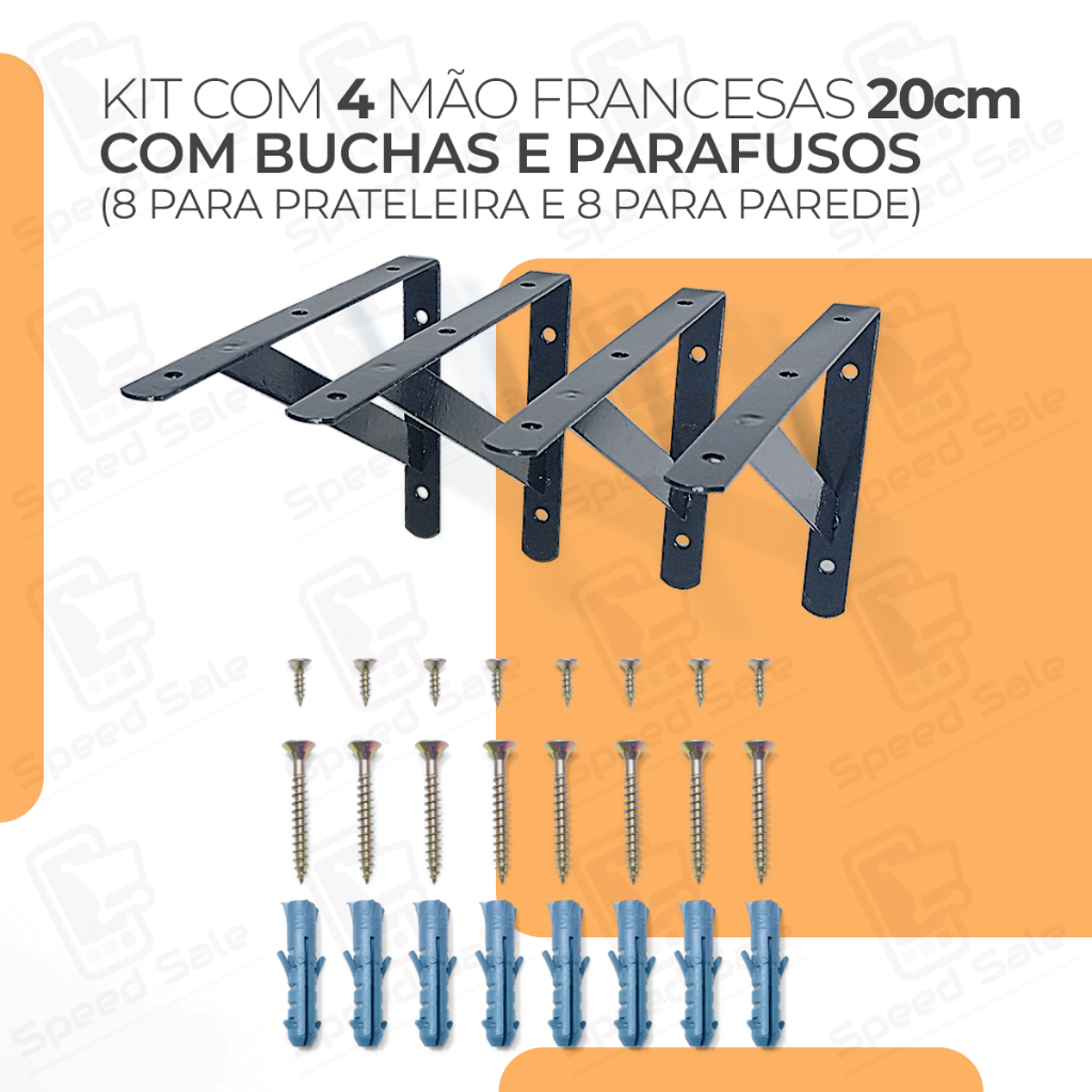 4x Mãos Francesas 20cm Acompanha Kit De Parafuso E Bucha Preta Suporte prateleira industrial preta branca metalico