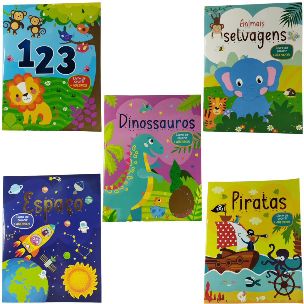 Kit livros para colorir + adesivos livro infantil / educativo / colorir/ Pintar histórias / Kit 1 - 123/ Animais selvagens/Dino/Pirata/Espaço e Kit 2 Abc/Fadas/Unicórnios/ Animais da fazenda/ Oceano