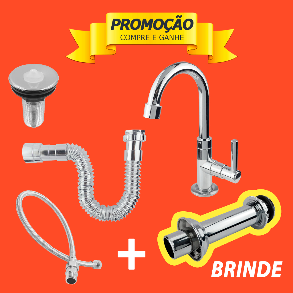 Kit Banheiro Completo Torneira 1198 abs +Valvula abs +Sifão CR+ Engate 40cm+ Tubo De Ligação Cd.2130