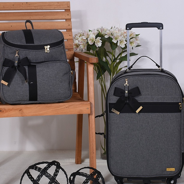 Kit Mochila + Mala de Rodinha Linho Preto - 02 Peças