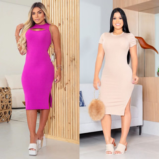 Vestido Canelado Midi Feminino Tubinho