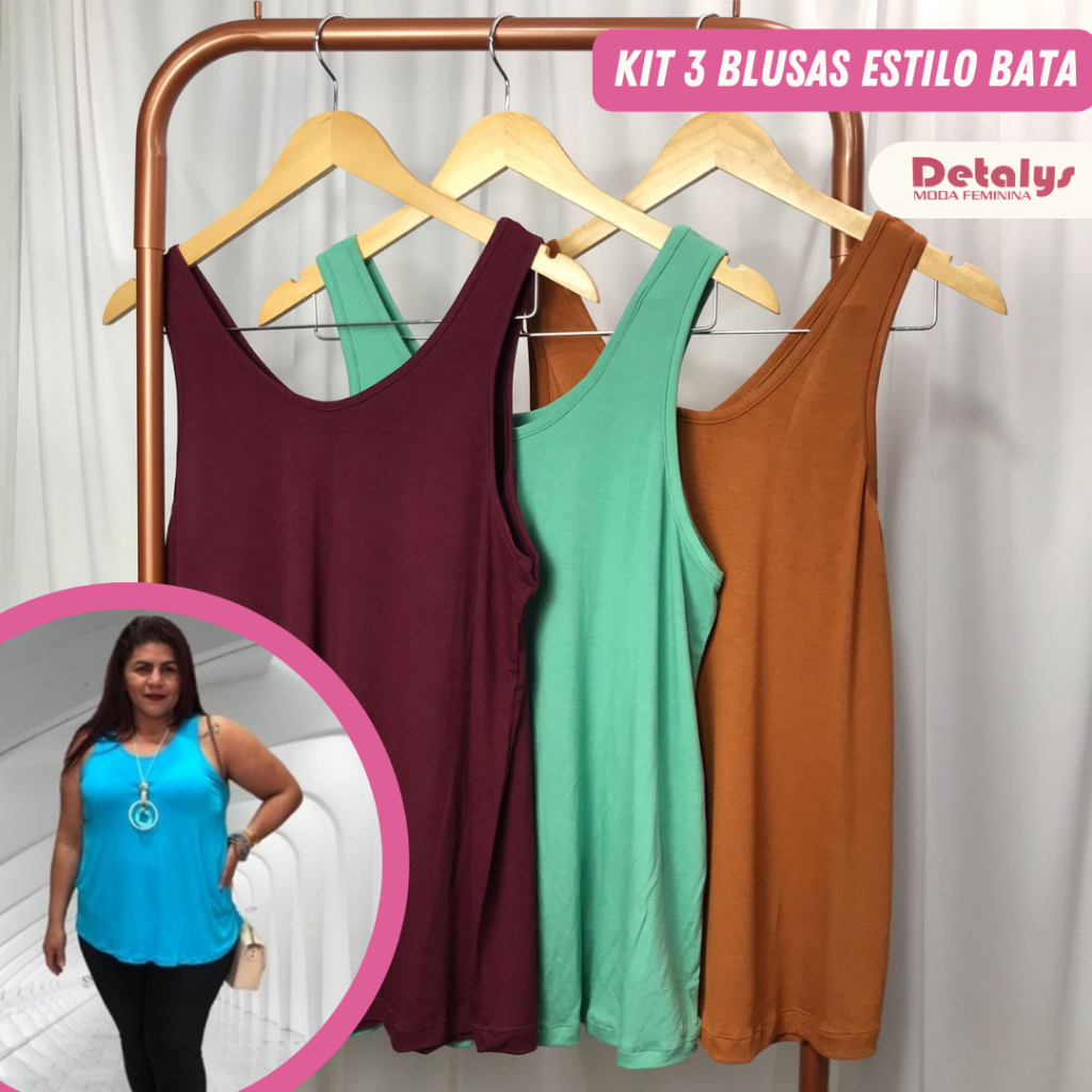 Kit 3 blusas feminina malha estilo bata alça larga M G GG E XGG