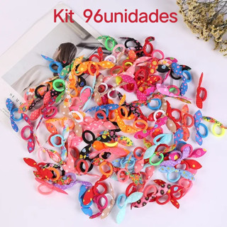 Kit 96 Xuxinhas com lacinho Elásticos de cabelo colorido mistura
