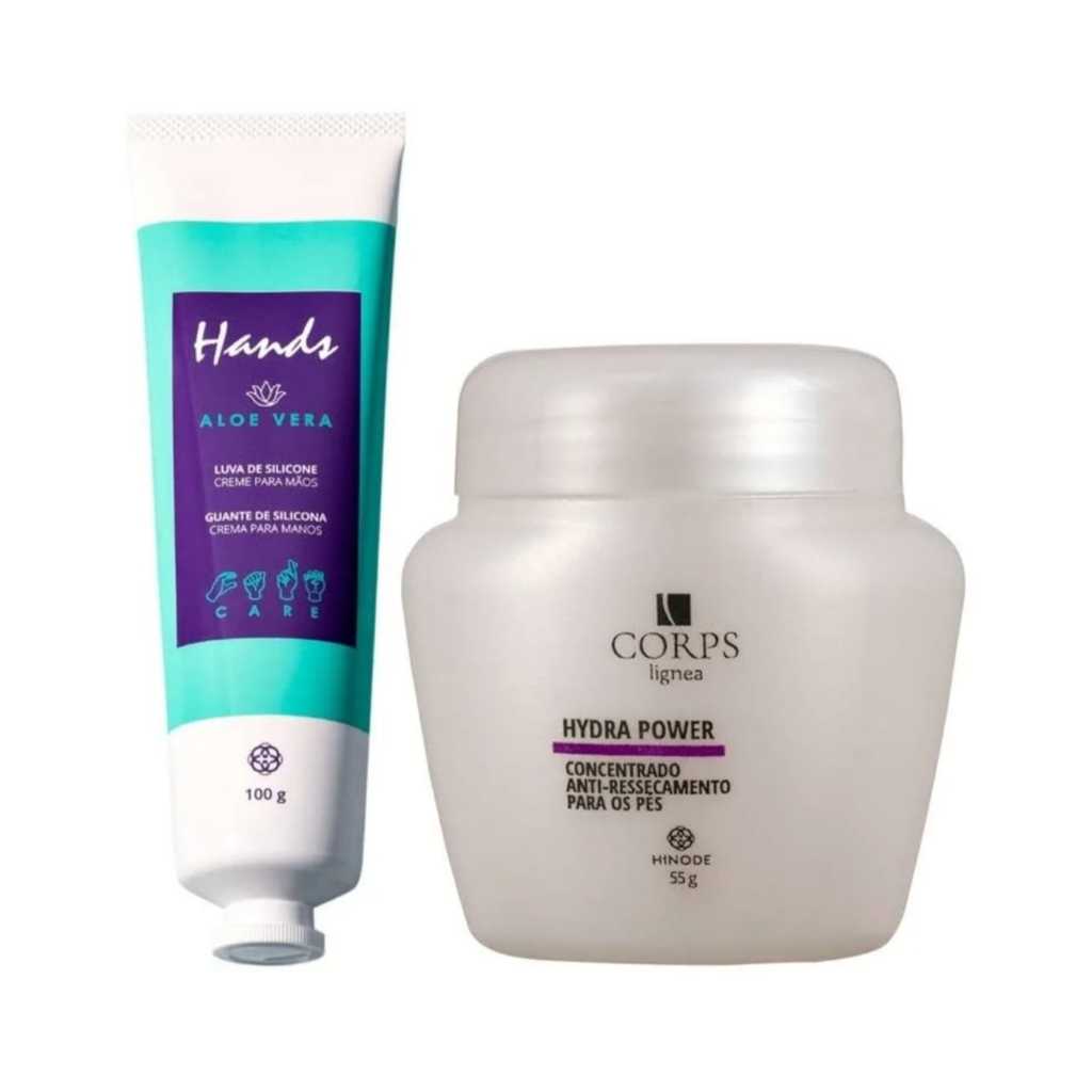 Luva De Silicone Aloe Vera Creme Para As Mãos Hands 100g + Concentrado Anti Ressecamento Para Pés Hidra Power Corps Lígnea 55g