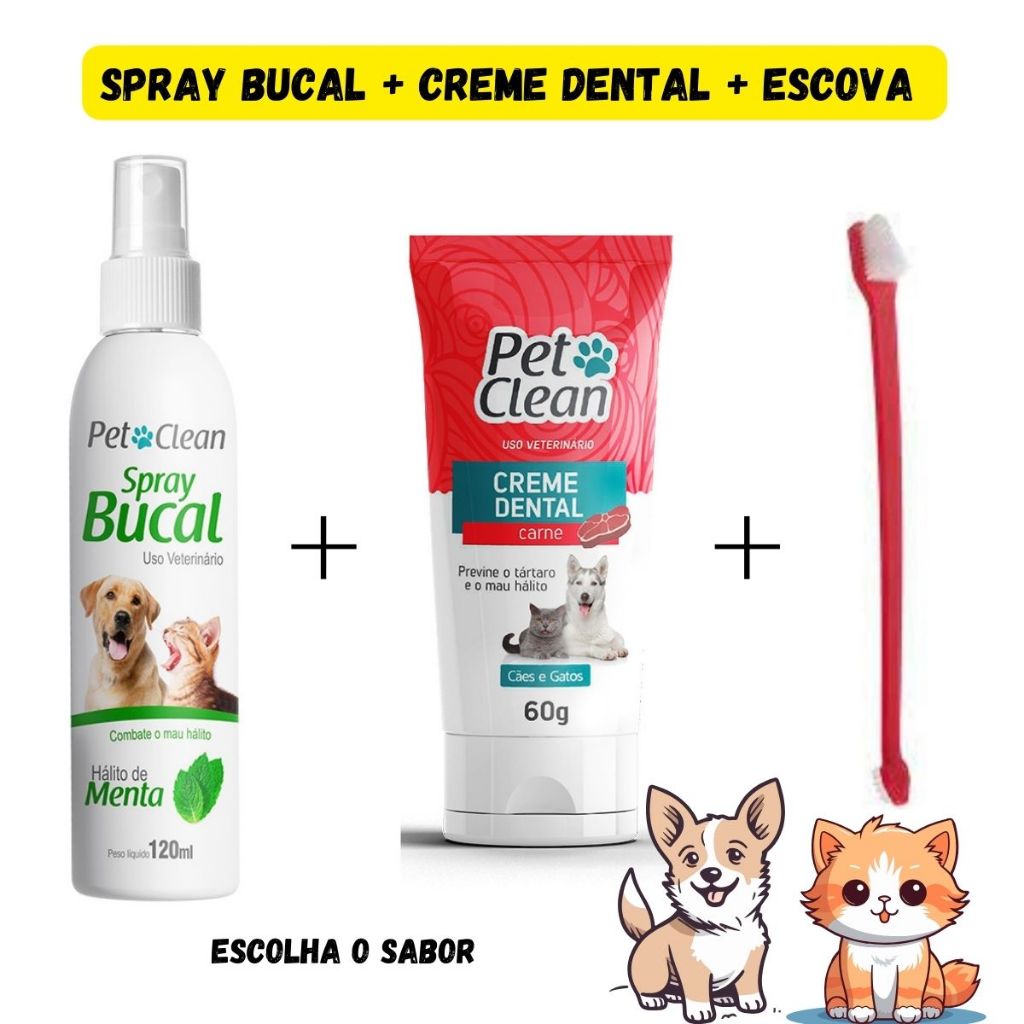 KIT COMPLETO HIGIENE BUCAL CÃES E GATOS CREME DENTAL E SPRAY PET CLEAN + ESCOVA - ELIMINA MAU HALITO em Oferta na Shopee