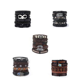 Kit Com 6 Pulseiras Masculina Ajustáveis Couro