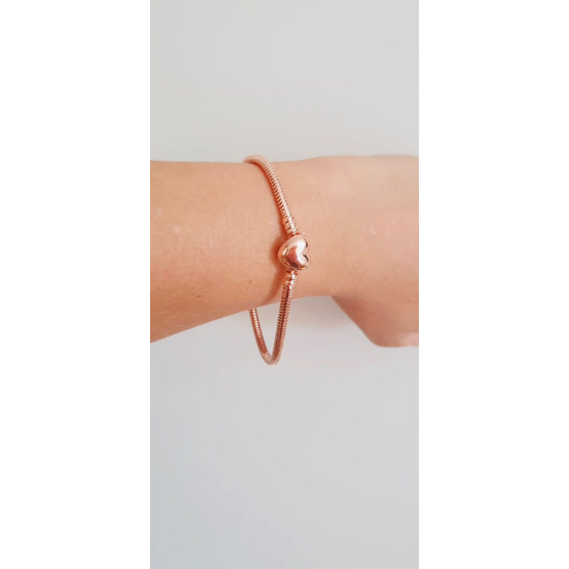 Pulseira para berloques fecho coração banhado ouro rose