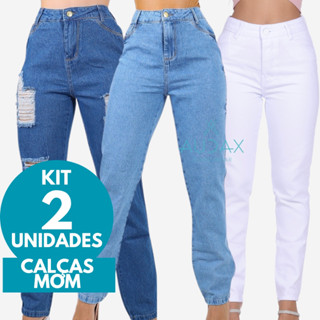 KIT 2 Calças Jeans MOM Cintura Alta Levanta Bumbum 100% Algodão Cós Alto Sem Lycra