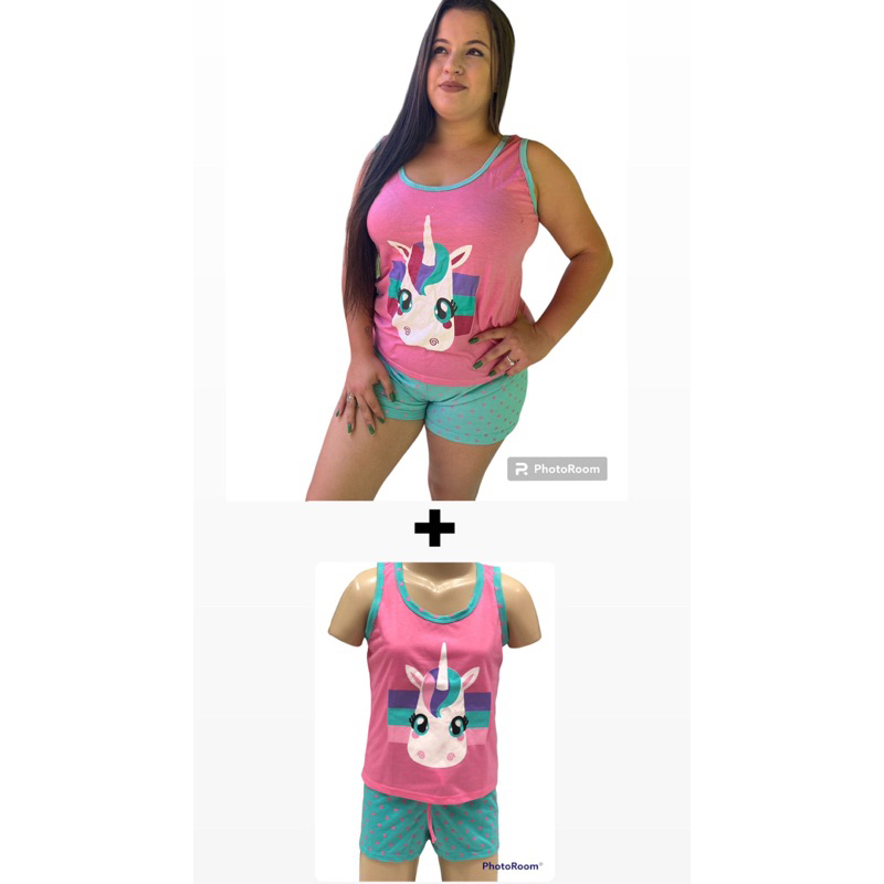 Pijama Baby Doll Unicórnio Mãe e Filha Shortinho Verão Regata Feminino Adulto Infantil Juvenil Mulher de Malha Algodão Regata Verão Temático Disney Confortável Malha Times Kit Conjunto