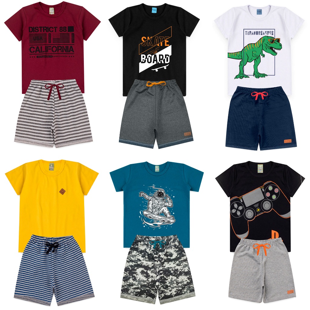 Kit 5 Conjuntos Infantil Masculino Roupa De Criança Para Menino Camiseta e Bermuda L68