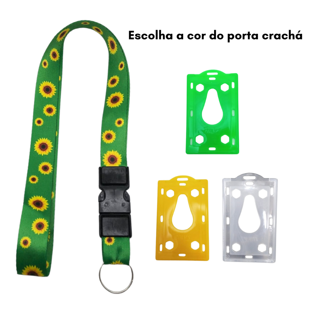 Kit Cordão Pescoço com Fecho Engate Rápido Girassol + Porta Cartão Furado+garra jacaré