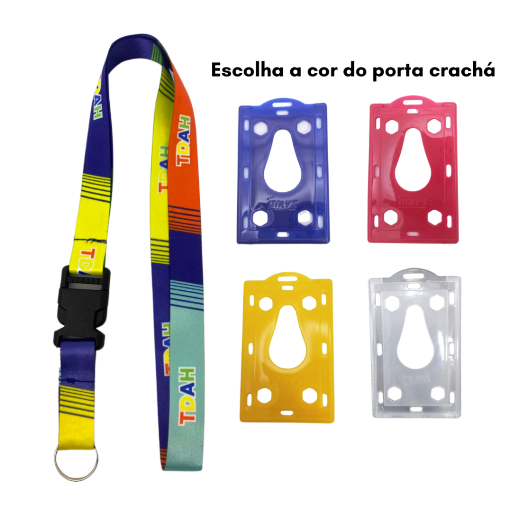 Kit Cordão Pescoço com Fecho Engate Rápido TDAH + Porta Cartão Furado+garra jacaré