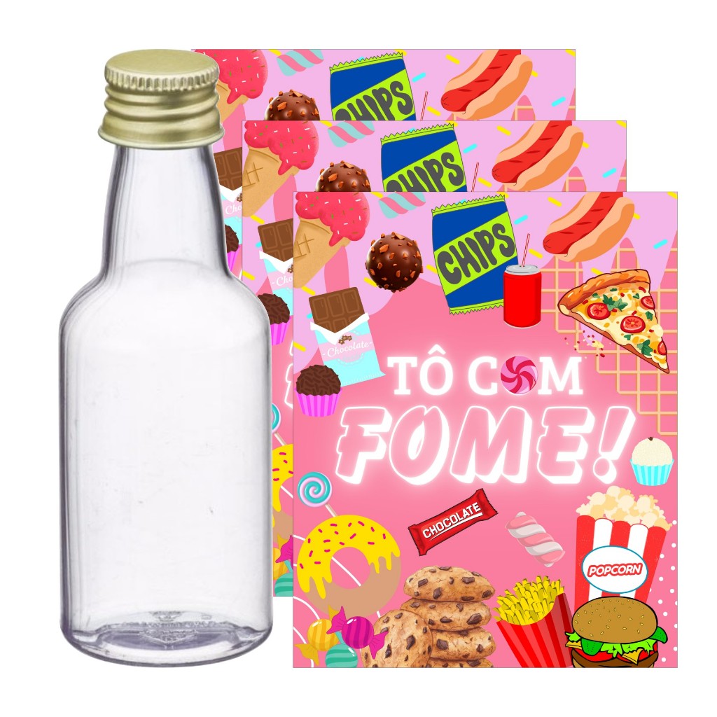 10 Adesivos para Garrafinha 50ml Tô com Fome - Pronto para ser aplicado, Decoração de Festa de Aniversário Tema Comida, Meme, Fast-food.
