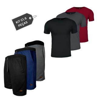 Kit C/ 3 Bermudas Moletom e 3 Camisetas Masculina Academia Algodão 100% Confortável Cor Sortidas Treino Conjunto