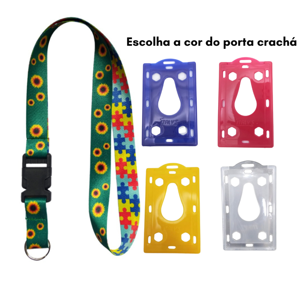 Kit Cordão Pescoço com Fecho Engate Dupla Face Autismo + Porta Cartão Furado+garra jacaré