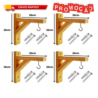 4 Suporte Mão Francesa de Madeira Pinus + Buchas Parafusos  e Gancho 25x25