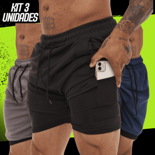 KIT 3 shorts 2 em 1 academia e treino sport fit dry fit com elastano com proteçao uv