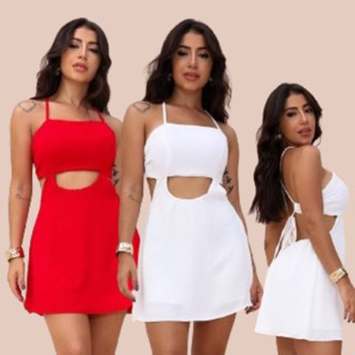 Vestido no Estilo Macaquinho Feminino Tecido Duna com Recorte na Cintura e Alça Fina Moda Blogueira 2023