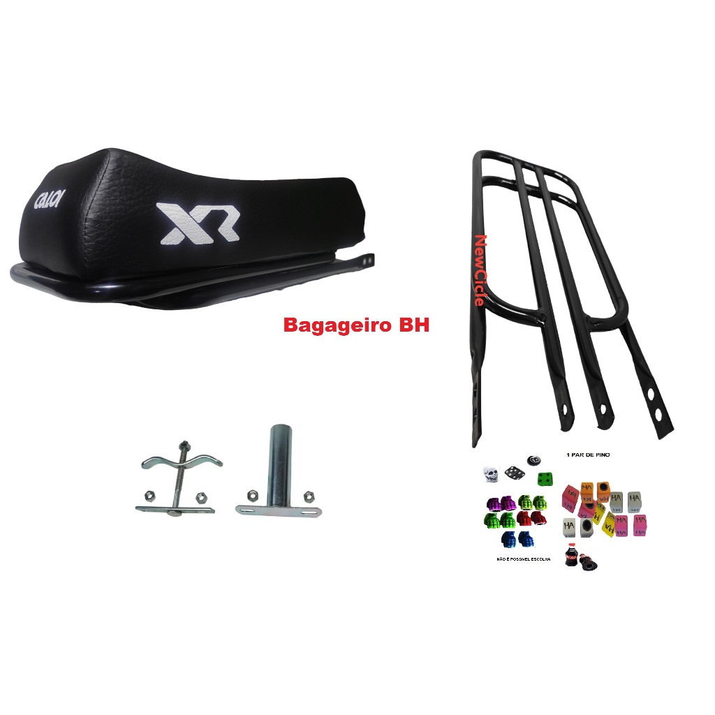 Kit de Bagageiro com  Garupa Reta Bh e Banco caloi XR + presilha e Canote Premium Bike Motorizada