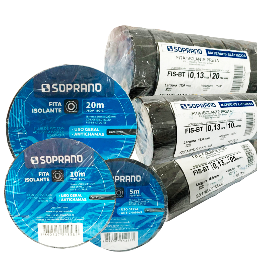 Kit 10 Fitas Isolante Antichamas Preta 18MM De 05 - 10 - 20 Metros Soprano