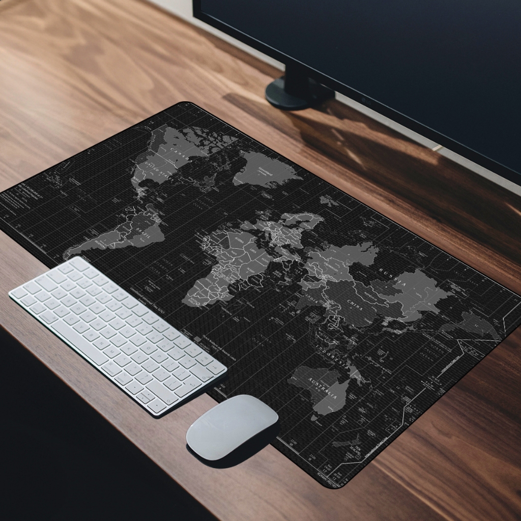 Mouse Pad Gamer Base Emborrachada Superfície Seda MAPA MUNDI PRETO