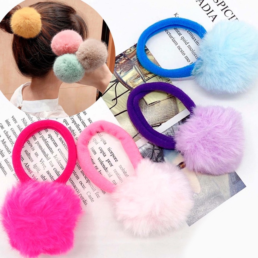 Kit 4 Xuxinhas Pom Pom Rabicó de Cabelo infantil e Adulto Com Lacinho/ Elástico Scrunchies