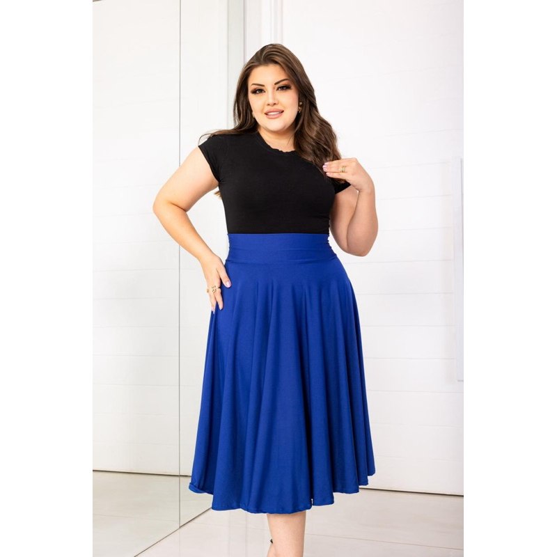 Saia Midi Azul Bic/Azul Royal Lisa Godê Bella Moda Brás