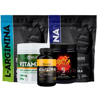 Kit: Arginina 250g + Beta Alanina 250g + Taurina 250g + Vitamina C Em Pó 250g + Cafeina 60 Caps 200mg - Soldiers Nutrition
