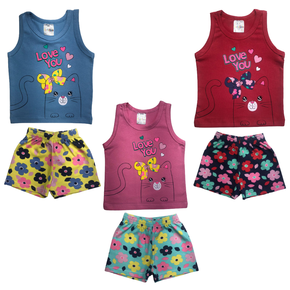 Conjunto Regata Shortinho Bebe Menina Estampado Short Infantil Conjuntinho Feminino Baby Shorts Regatinha Tamanho 1 2 3 Azul Vermelho Rosa Bebê Cato Lele Ref 2238