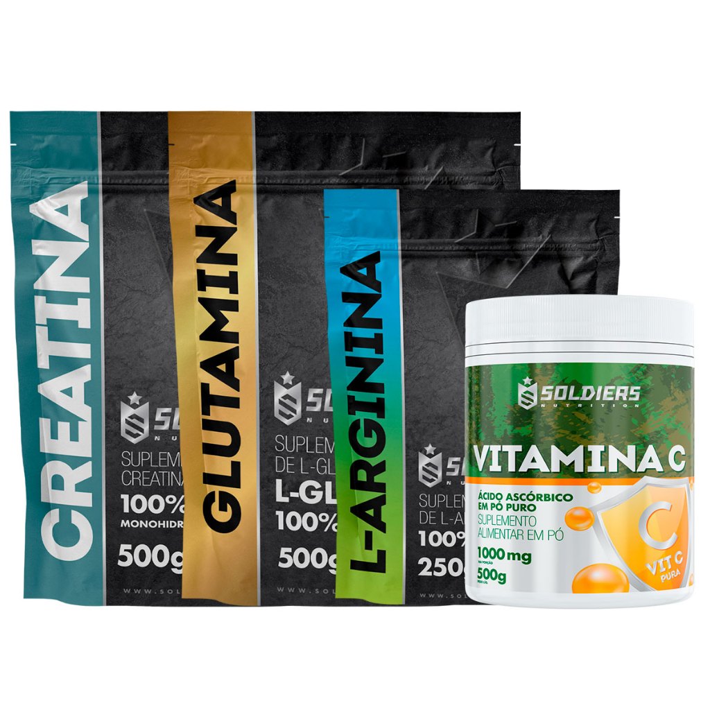 Kit: Arginina 250g + Vitamina C Em Pó 500g + Glutamina 500g + Creatina 500g - 100% Pura Importada - Soldiers Nutrition