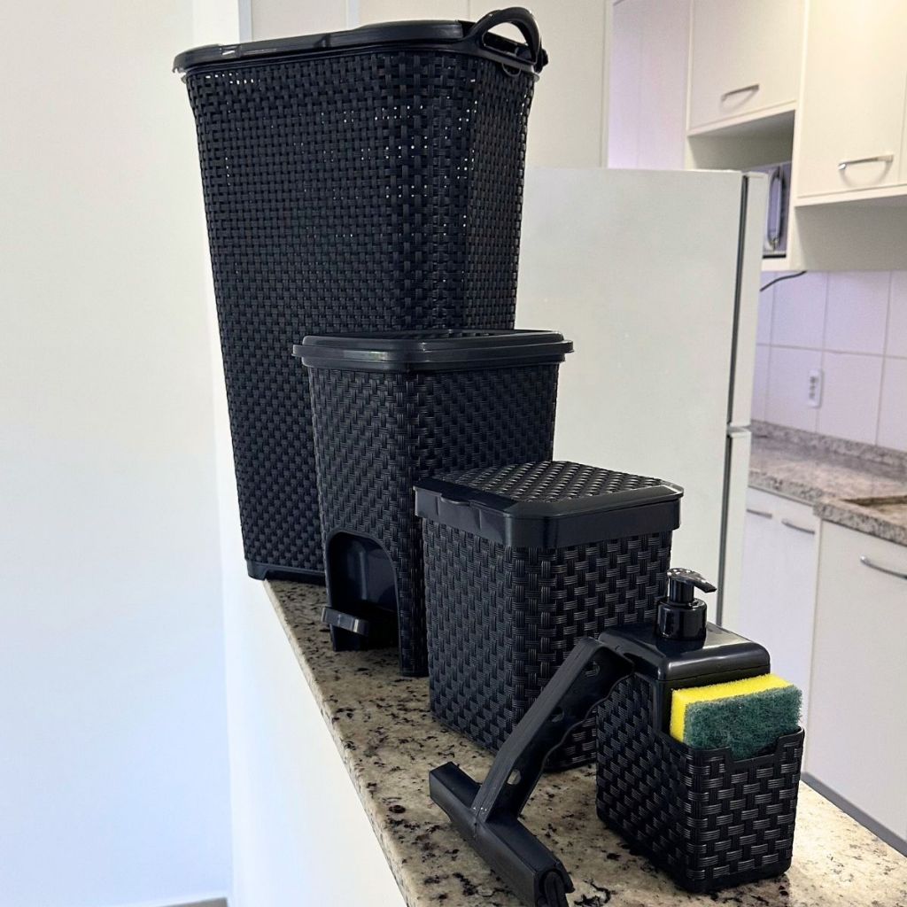 Jogo Rattan para Organização e Limpeza Completa: Cesto 50 Litros, Lixeira com Pedal 7 Litr...