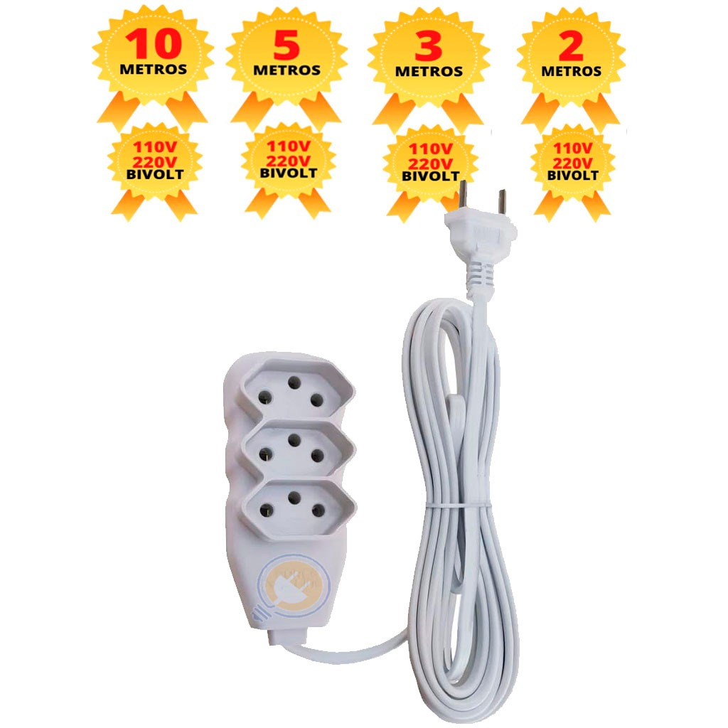 Extensão Elétrica Mega Plug Branca 2 Metros - 3 Metros - 5 Metros e 10 Metros em Oferta na Shopee