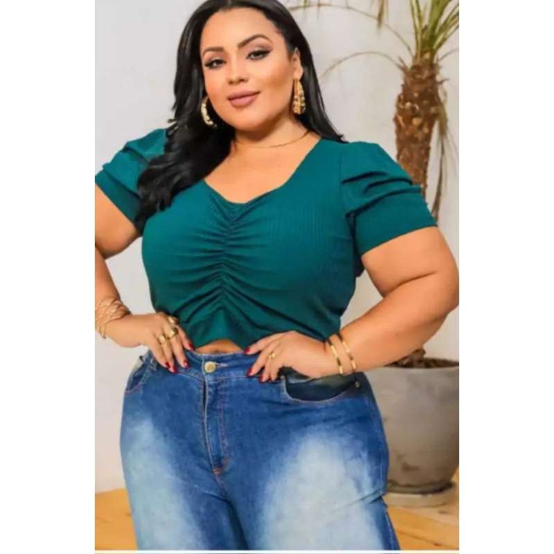Blusa Croped Plus Size Canelado Manga Princesa Drapeado Moda Blogueira