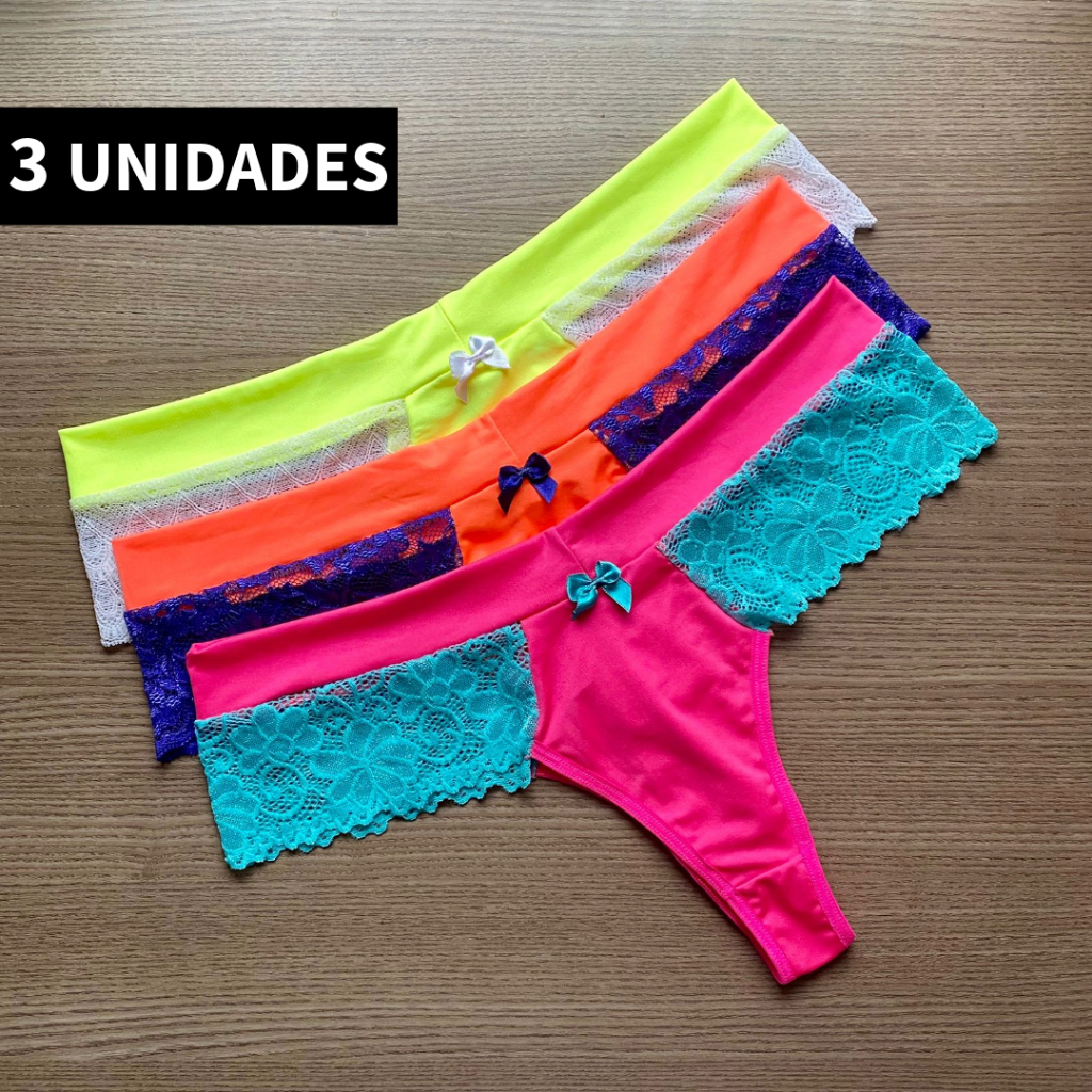 Kit 3 Calcinhas Plus Size Bicolor de Microfibra com Renda do 48 ao 54 Kit Calcinha Plus Size