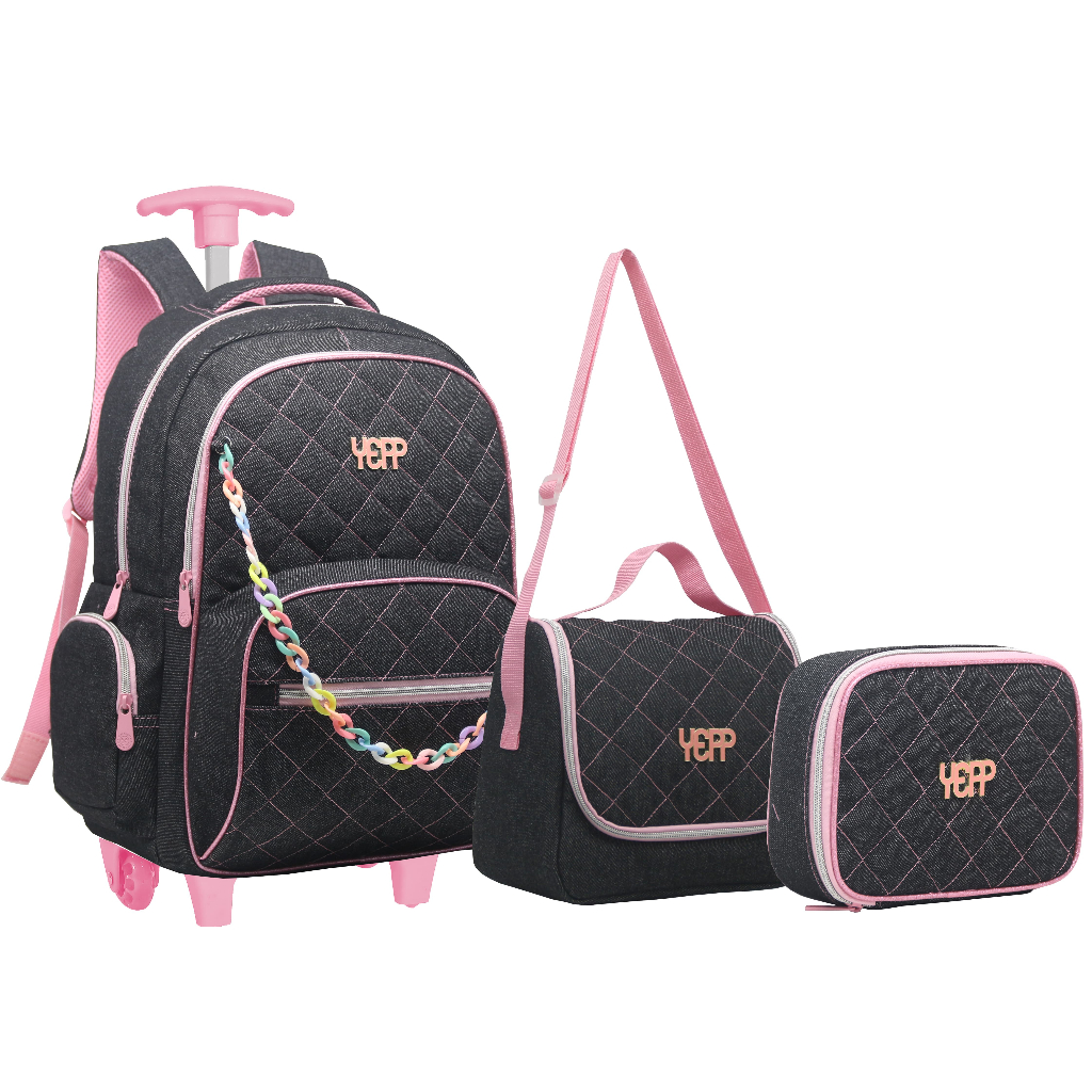 Kit Mochila Grande Jeans Rodinha Com Estojo Box Lancheira Térmica Escolar Juvenil Feminina em Oferta na Shopee