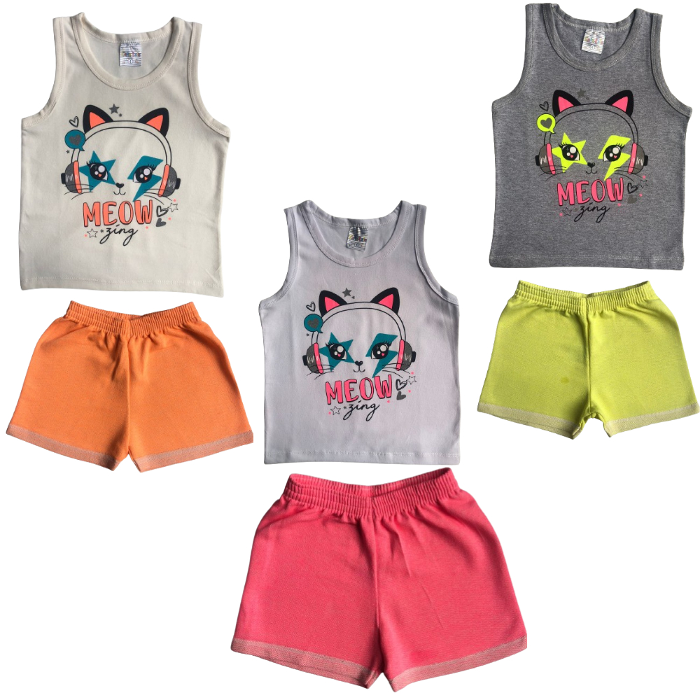 Conjunto Shorts Regata Menina Gatinho Conjuntinho Estampado Short Infantil Cato Lele Regatinha Gatinha Shortinho Tamanho 4 6 8 Conjuntinho Bebe Cinza Branco Bege Feminino Neon Ref 2267