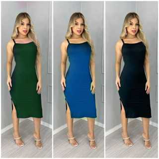 kit 3 Vestido Midi Alcinha Com Fenda Lateral Canelado Feminino