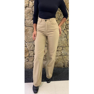 Calça Wide Leg Pantalona Cintura Alta Off White, Bege