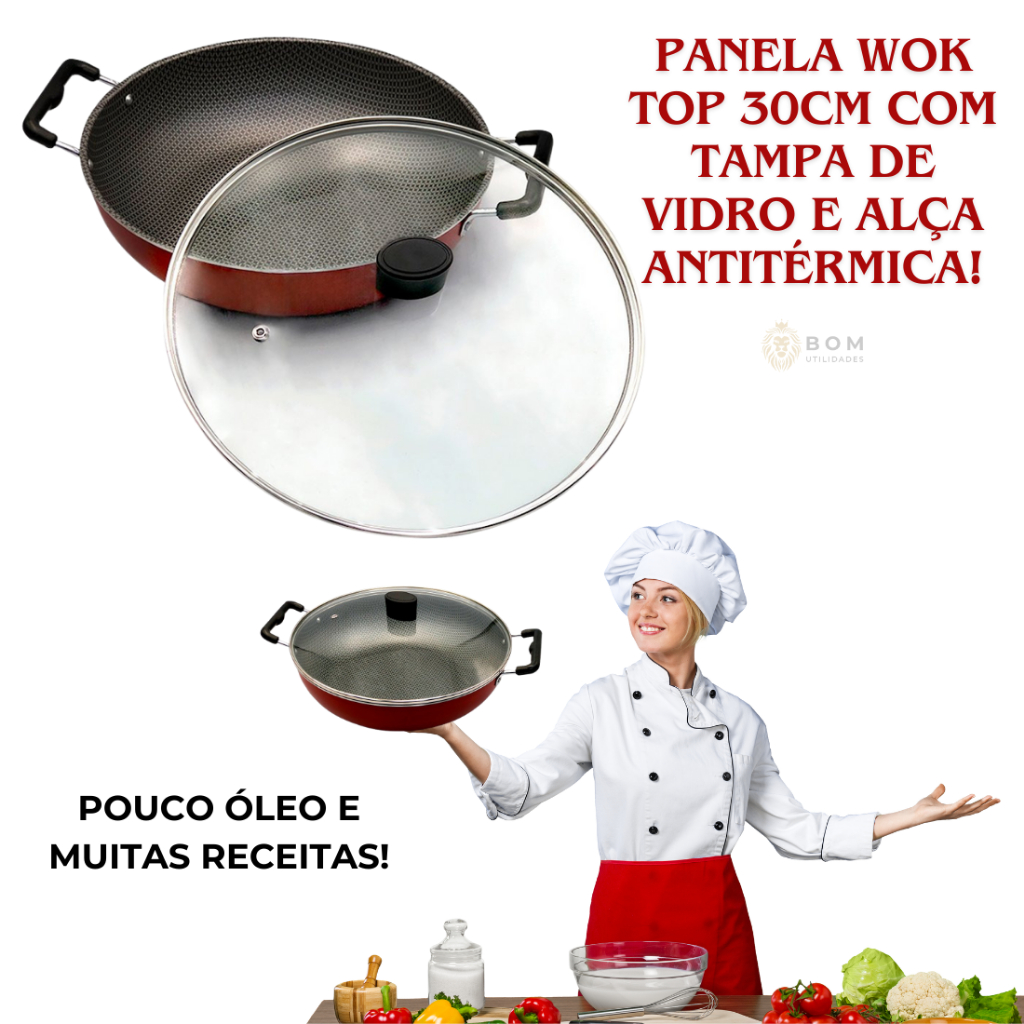 Panela Wok Frigideira Grande Caçarola 30 Cm Starflon Max Antiaderente Com Alça e Tampa de Vidro Comida asiática Tailandesa