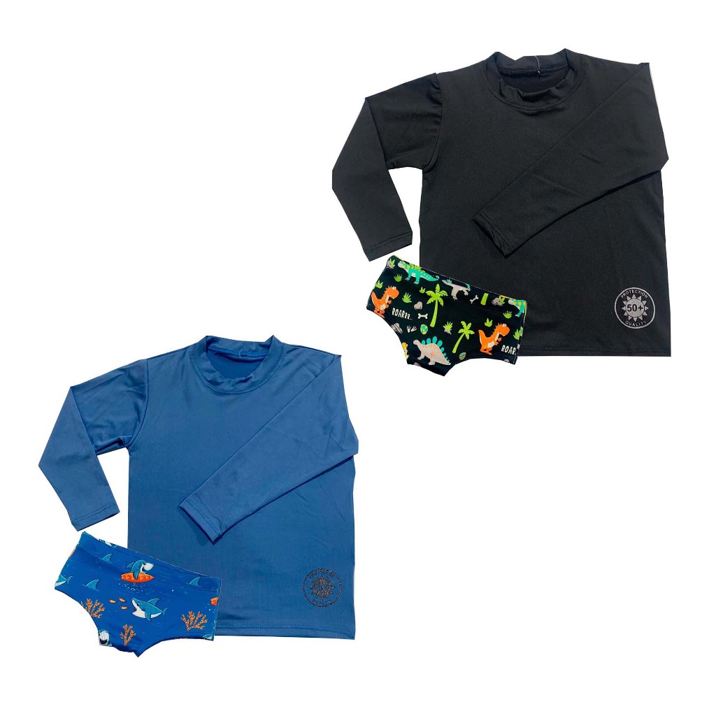 Kit com 2 Conjuntos camisa + sunga UV infantil/juvenil praia/piscina DO 1ANO AO 16 ANOS
