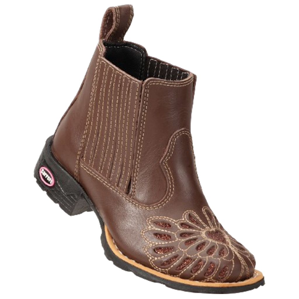 Botina Feminina Infantil Laser Gliter Cafe Bordada Sola de Borracha Bico Quadrado Country Cano Curto