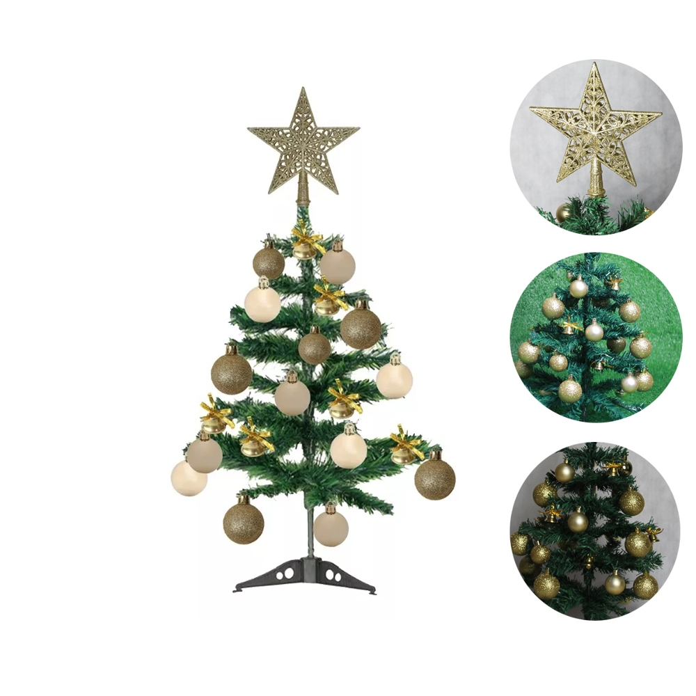 Árvore De Natal Decorada 60cm Enfeites Dourados Bolinhas Sinos Estrela Glitter De Mesa