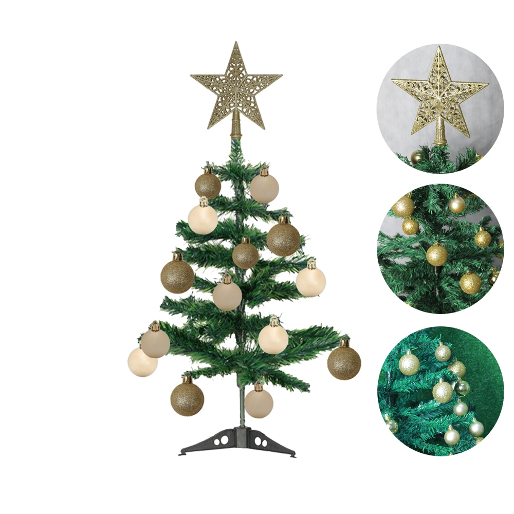 Árvore De Natal Decorada 60cm Enfeites Dourados Pinheiro 61 Galhos De Mesa C/ Estrela E Bolinhas