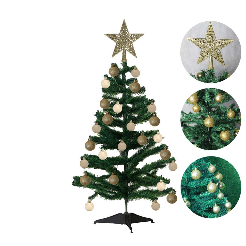 Árvore De Natal Decorada 1,2m Enfeites Dourados Pinheiro Grande Estrela E Bolinhas Glitter