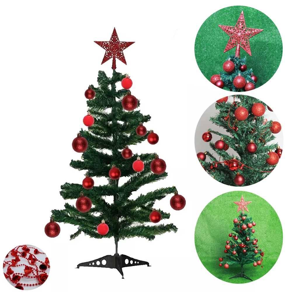 Árvore De Natal Decorada 90cm Grande C/ Enfeites Vermelhos Estrela Bolinhas Cordão Sino