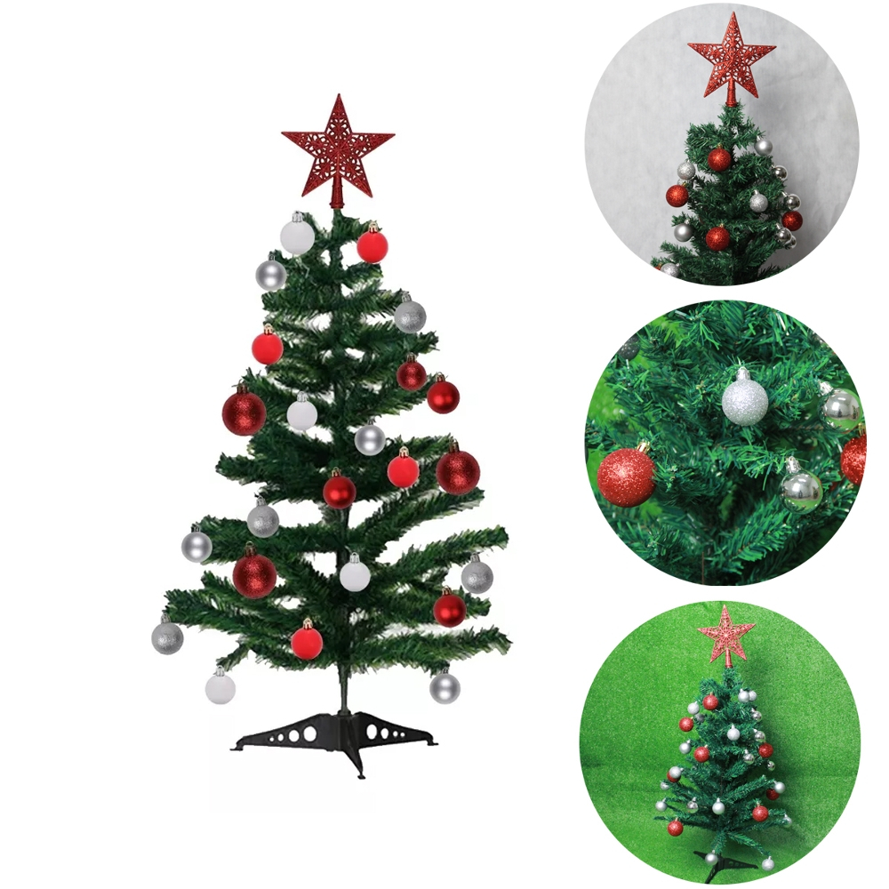 Árvore De Natal Decorada 90cm Enfeites Vermelhos E Prateados 100 Galhos Estrela Bolinhas Glitter