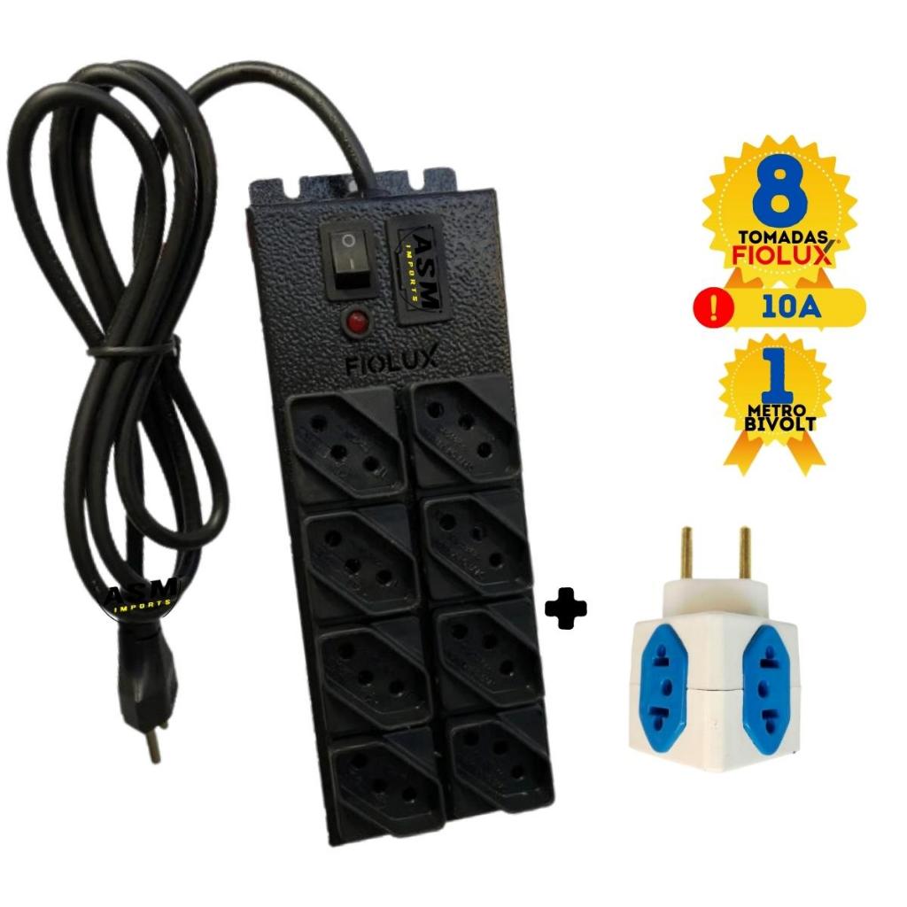 Filtro De Linha 8 e 6Tomadas Metalico Fiolux + Cubo Adaptador de Tomadas Regua Eletrica Bivolt