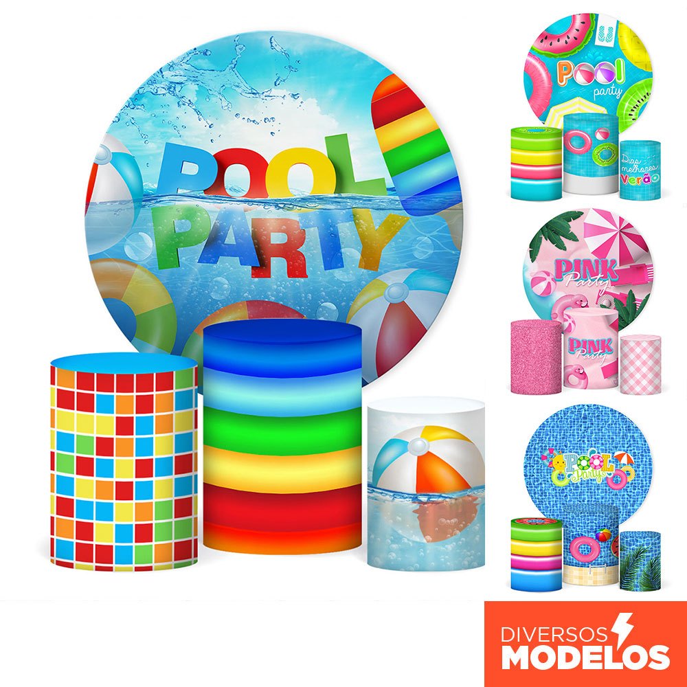 Kit Painel Redondo Pool Party + Trio Capas Cilindro Sublimado Tecido Veste Fácil C/Elástico em Oferta na Shopee
