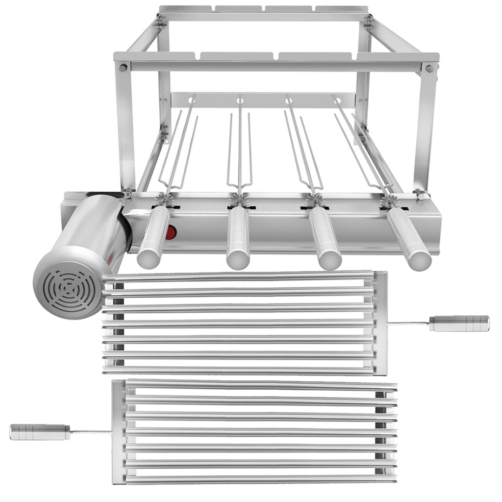 Gira Grill Churrasqueira Inox 4 Espetos Giratórios + 2 Grelhas Argentinas com Coletores de Gordura